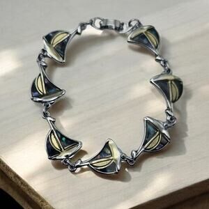 Abalone Sailboat Bracelet Silver Tone Nautical Link Bracelet - Coastal